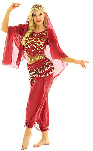 YOOJIA Femme Déguisement Princesse Arabe Costume Belly Costume Danse du Ventre Ensemble Danse Orientale Top Corp Paillettes & Pantalon & Voile & Ceinture écharpe