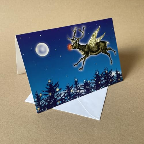 10 nostalgische Weihnachtskarten: Rudolf fliegt bei Vollmond über einen winterlich beleuchteten Wald - wunderschöne Karten mit weißen, gefütterten Umschlägen
