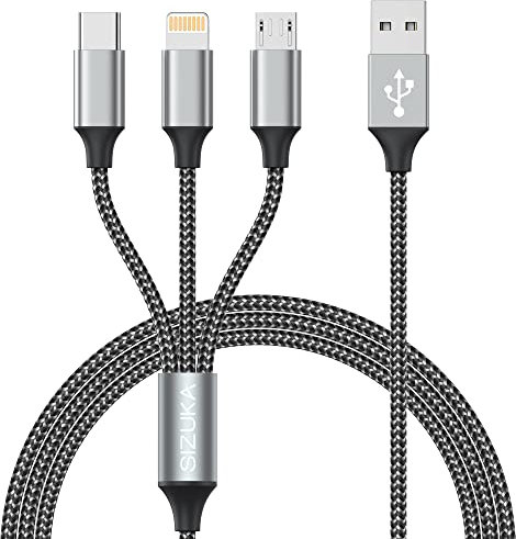 SIZUKA Charger Cable, Multi Charger Cable [1.2M] 3 in 1 Multiple USB Cable Nylon Braided with iPhone Micro USB Type C Cable Connector for iPhone, Android Samsung, Huawei, Nexus, Nokia,LG, PS4