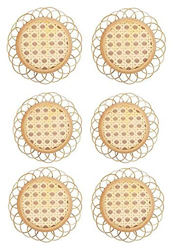 Lot de 6 dessous de verre en rotin tressé rétro rustique pour décoration de table (grand trou)