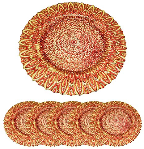 Trimming Shop 33cm Peacock Design Red Glass Charger Plates for Dinner Table Decorations, Weddings, Parties, Birthdays, Catering Events – 13 Inch Silver Crackled Design Pack of 6