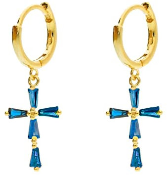 Daesar Ohrringe Hängend Silber 925, Damen Ohrringe Hängend Kreuz mit Blau Zirkonia Modeschmuck Ohrringe Orientalisch Gold