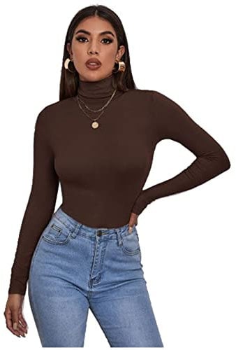 Zaif & Hari® Women's Polo Roll Neck Long Sleeve Turtle Neck Jumper - Ladies Plain Mockneck Casual Top (Brown, 12-14)
