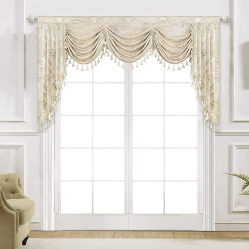 TOPLUXE Swag Volant Vorhang für Schlafzimmer Esszimmer Wohnzimmer Küche, Damast Kurzstore Waterfall Volant-Vorhang für Fenster 1 Stück (Breite 200cm, Beige)