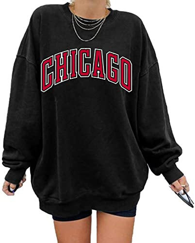 GeGekoko Damen übergroße Sweatshirt CHIGAGO Oversized Langarmshirt Rundhals Pullover Casual Oberteile Tops