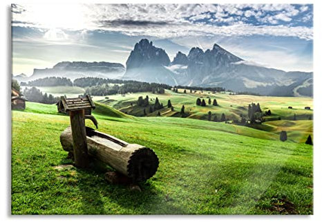 Pixxprint Glasbild, Wandbild aus Echtglas, Wassertrog auf Wiese in den Dolomiten, 80x60 cm, inkl. Aufhängung und Abstandshalter