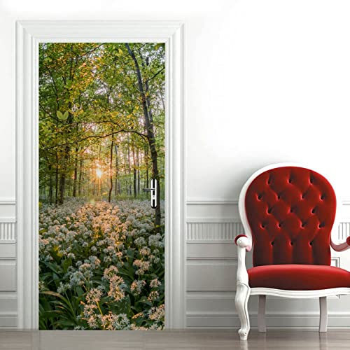 A.Monamour Sticker Porte Autocollant Poster De Porte 3D Champ De Petites Fleurs Blanches Dans Forêt Au Coucher Du Soleil Paysage Nature Vinyle Affiche De Porte Sticker Mural Papier Peint 95 x 215 cm