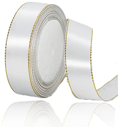 Geschenkband weiß 20mm Breit, 23 Meters Goldränder Satinband Weiss Geschenkbänder Stoff Schleifenband Dekoband zum Geschenkverpackung, Bastelarbeiten, Geburtstag und Hochzeitsdekoration