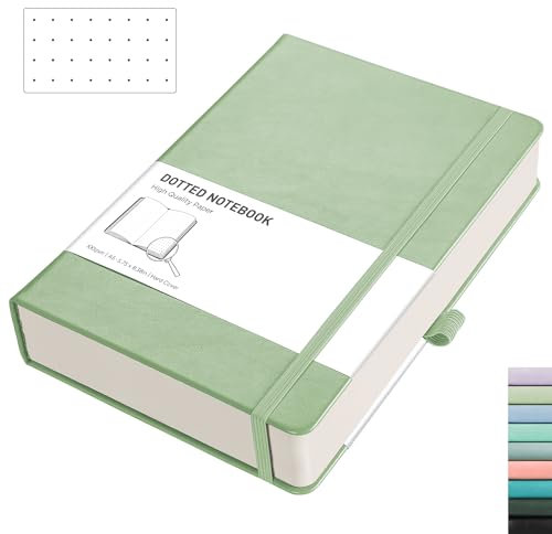 RETTACY A5 Bullet Dot Grid – gepunktetes Notizbuch mit 320 nummeriertem, dickem Tagebuch, Leder, Hardcover, 100 g/m² Papier-Stifthalter, Innentasche, 2 kostenlose Tagebuch-Schablonen, 14,5 x 21 cm,