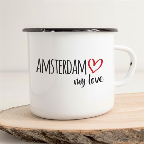 huuraa Emaille Tasse Amsterdam my love Geschenk Kaffeebecher Vintage 300ml Amsterdam Geschenkidee