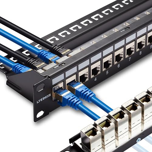 Lysymixs Panneau de brassage RJ45 24 ports Cat7 STP - Panneau réseau coupleur 48,3 cm - Panneau de brassage Ethernet Keystone en ligne avec barre arrière