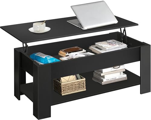 Coffee Table with Storage, Lift Top Coffee Table for Living Room, Wooden Black Coffee Table with 1 Shelf Large Hidden Storage Rectangular Lift-Top Sofa End Tea Tables, 120x60x(49.5-62.5) H cm