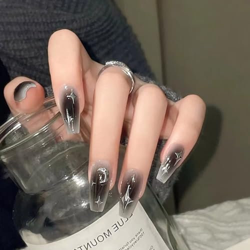 Danshinbow Lot de 24 faux ongles mi-longs à coller avec strass rose nude pour femmes et filles (noir)