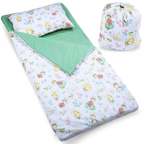 PinkZebra Schlafsack Kinder 140 x 75 cm + Kissenbezug 60 x 40 cm & Beutel, Indoor für Kindertagesstätte Kindergarten Deckenschlafsack, 3-8 Jahre (bis 135 cm Kindergröße), Öko-Tex, Marienkäfer