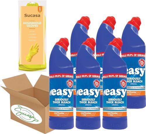 Easy Thick Bleach 24-Hour Toilet Bleach Cleaner 6x750ml - Powerful Formula, Germ-Killing Strength | Includes Bonus DirtBuster Gloves by Sucasa