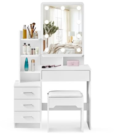 CLIPOP Schminktisch mit Hollywood LED Beleuchtung und Spiegel,Einstellbare Helligkeit,Frisiertisch Kosmetiktisch mit 4 Schubladen und Offene Regale,Modernes Make Up Tisch Hocker Set Weiß