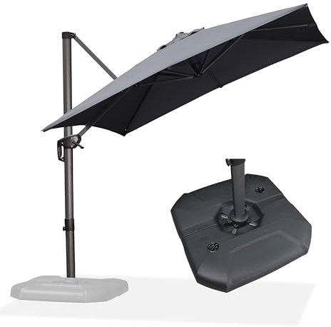 PURPLE LEAF Parasol Déporté 2,5 × 2,5 m avec Pieds de Parasol, Parasol de Jardin Extérieur avec Manivelle, Toile 240 gr/m2 UV 50+, Rotation à 360° et Inclinaison à 5 Niveaux, Gris