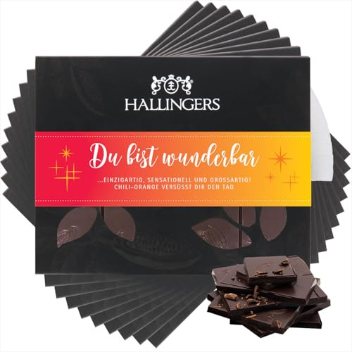 Hallingers Genuss Manufaktur Vegane Schokolade Valentinstagsgeschenk - Tafel handgeschöpfter Edelkakao ohne Alkohol edler Karton 10x Du bist wunderbar Orange-Chili, Valentintstag für Frauen Männer