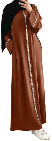 Muslimisches Kleid für Damen,Frauen Chiffon kaftan Eleganter knöchellang Kleid Islamische Türkische Lang Gebetskleid einfarbig Kleid Dubai Naher Osten Marokko Braun,L