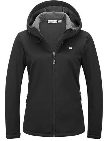 33,000ft Damen Softshelljacke Fleece Gefütterte Funktionsjacke | mit Kapuze, Wasserdicht, Winddicht, 4 Taschen, Warm, Leicht, 4-Wege-Stretch, Übergangsjacke, für Radfahren Wandern
