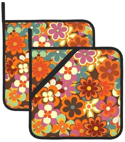Topflappen, isolierter Topflappen, dick und langlebig, zum Grillen, Kochen, Backen, 2er-Sets,Buntes Blumenmuster im Retro-Stil der 70er Jahre