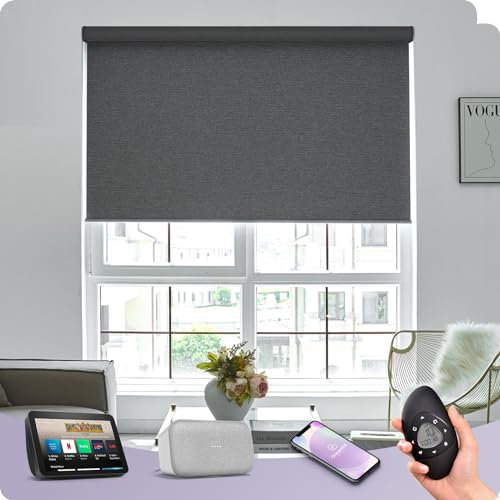 Graywind Wiederaufladbar Elektrische Rollo Innen, nach Maß Erlesene Designte Stoffe Verdunkelung Smart Fensterrollo Kompatibel Alexa Google, Motorisierte Rollo mit Fernbedienung, Frequency Nero