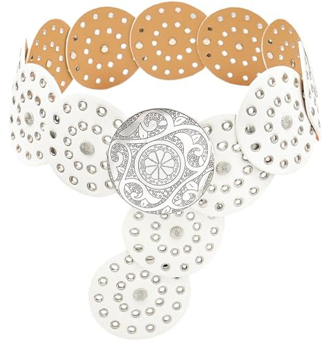 LIMHOO Breite Scheibengürtel für Damen Leder Aushöhlen Runde Gürtel Boho Western Taille Gürtel (B Weiß Mittel)