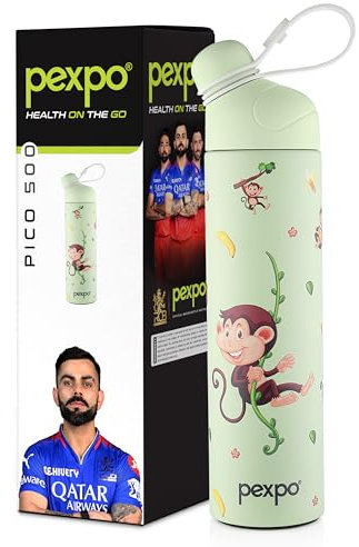 Pexpo Pico Cute Sipper|Hot & Cold 500ml Stainless Steel Water Bottle| Monkey UV Printed Design with Silicone Strap| Vacuum Insulated|Leak Proof & BPA Free|School, Picnic, Travel