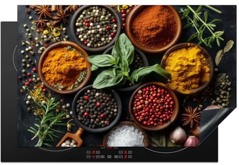 KitchenYeah© Herdabdeckplatte Einteilig Induktionsmatte Küche Abdeckung Ceranfeld Herd Abdeckplatte Deko Vinyl Matte Aufrollbar Kräuter - Küche - Paprika - Kochen - 81x52 cm