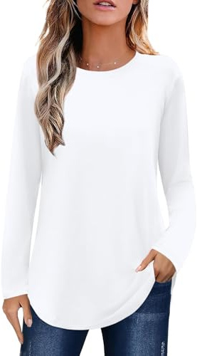 Elesomo Womens Tunic Tops Long Sleeve Shirts Crew Neck Tshirts for Leggings, White XL