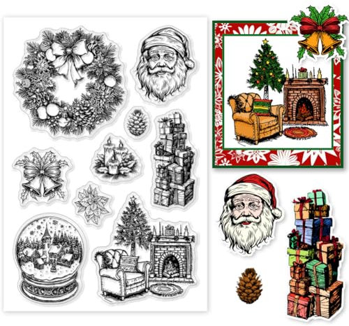 PH PandaHall Weihnachten Thema klar Stempel, Weihnachtsmann Silikonstempel Kranz Glocke Geschenk Transparenter Gummistempel für die Herstellung von Weihnachtskarten, Fotoalben, Scrapbooking