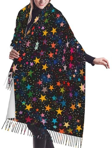 DRGFCXE Bunter fünfzackiger Stern, Kaschmir-Quastenschal, Damen-Schal, Wickelschal, leichter Damen-Schal, Fransen, Spitzenschal, Vintage-Schal, Herbst-Winter, Fransenschal, Schwarz , One size