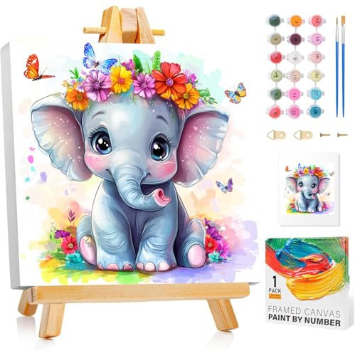 Peinture par numéros pour enfants avec cadre, motif éléphant à partir de 5, 6, 7, 8, 9, 10 ans, fille et garçon, peinture par numéros pour cadeaux et décoration murale, 20 x 20 cm, avec chevalet