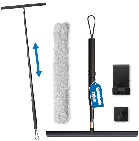 LOERSJOY 120cm Basics Extendable Window Squeegee, Silicone Shower Squeegee with Hook & Lanyard, Perfect for Cleaning Windows, Mirrors, Tile (Black)