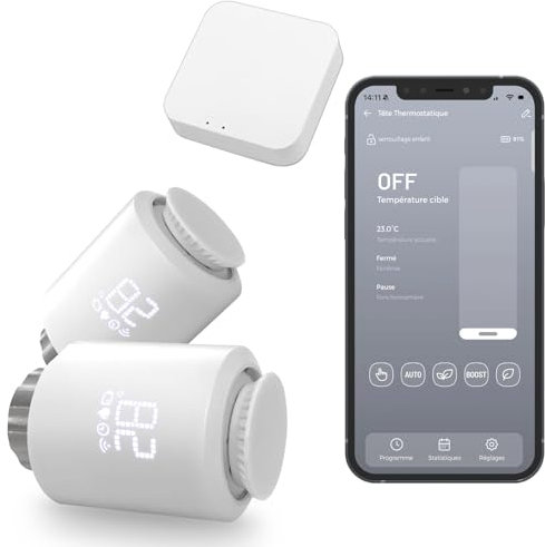Pack 2 Têtes Thermostatiques Connectées et Intelligentes + Passerelle Intelligente - Vannes thermostatiques pour Radiateurs - Chauffage Collectif