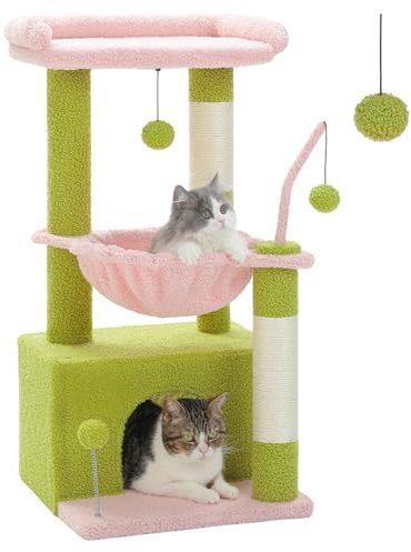 PAWZ Road Kleiner Katzenbaum Katzenbaum für Indoor-Katzen mit Hängematte, Katzenturm mit Sisal-überzogenem Kratzbaum, großer oberer Sitzstange, Katzenkratzbaum, Rosa 83 cm
