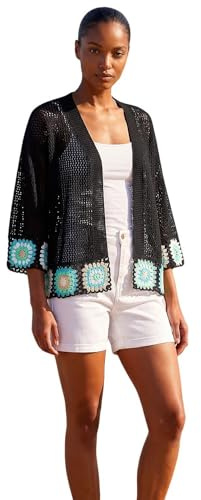Roman Originals Edge Crochet Hem Knit Cardigan for Women UK - Ladies Everyday Holiday Spring Summer Comfy Soft Evening Vacation Work Party - Black - Size 18