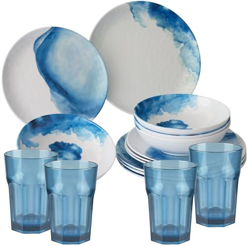 Service de table en mélamine pour 4 personnes – 16 pièces avec verre bleu clair élégant aspect faïence en blanc et bleu Vaisselle de salle à manger Verres à eau Verre à whisky Vaisselle de camping