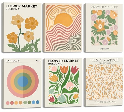 KAIRNE 6 Stück Vintage Blumen Wanddeko Retro Aesthetisch Matisse Stil Set
