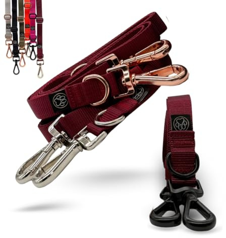 pawINAYA 3-in-1 Hundeleine – verstellbare Doppelleine mit Umhängefunktion (110–190 cm), kompatibel mit pawINAYA Halfter (Bordeaux/Rosé Gold)