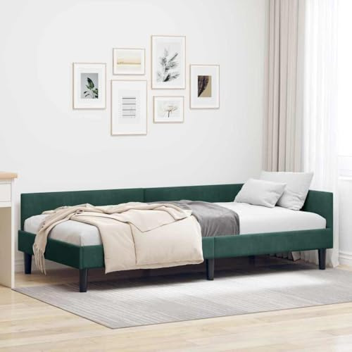 Hoopleep Dark Green Velvet Corner Bed Frame, 100x200 cm, Space-Saving L-Shaped Platform with Headboard, Durable Wood Base, Versatile Sofa & Bed for Modern Bedroom