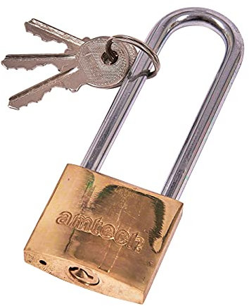 Amtech T1500C 38mm Solid Brass Long Shackle Padlock, Small Padlock with Keys for Lockers, Toolboxes, Cupboards or Sports Bags