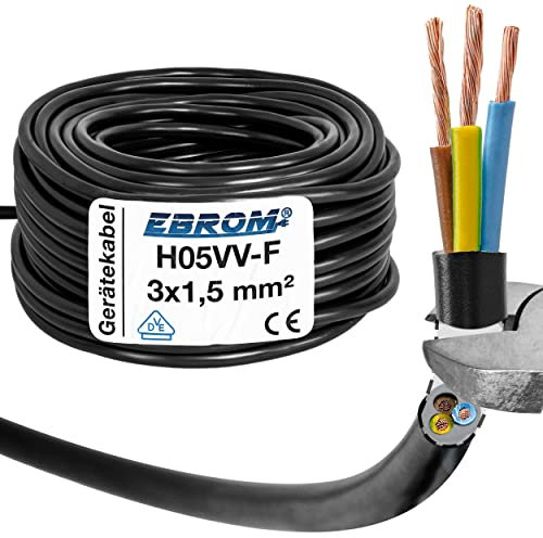 Cable de manguera de plástico redondo H05VV-F 3 x 1,5 mm² 3G1,5 (mm2) – Color: negro 5 m/10 m/15 m/20 m/25 m/30 m/35 m/40 m/45 m/50 m/55 m/60 m, etc. hasta 100 m en 5m seleccionables