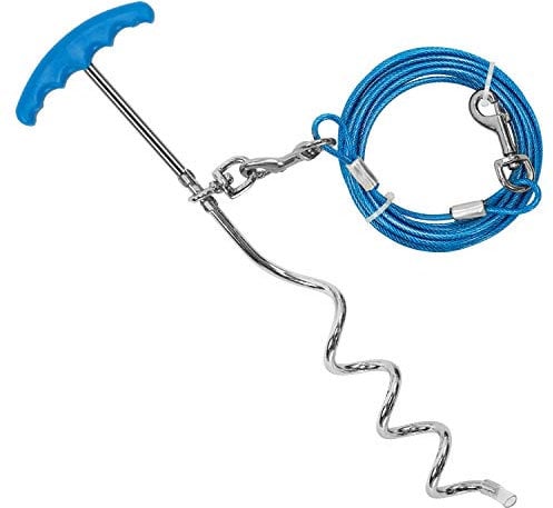Petphabt 33ft(10m) heavy duty Dog stake and tie out cable with 16 Inch spiral ground stake Puppy pet Outdoor Tie Out Lead Leash Teal