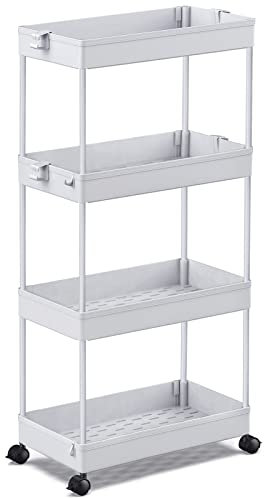 SPACEKEEPER Küchenwagen mit 4 Ebenen, Rollwagen Nischenregal auf Rollen, platzsparendes Badregal und Küchenregal für Küche Büro Bad, 40x22x86cm,Grau