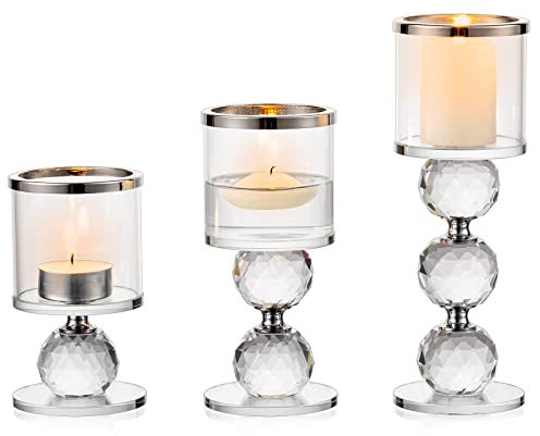 Sziqiqi Kristall Kerzenständer Set, 3 Stück Kerzenhalter Stumpenkerzen Glas, Modern Kerzenhalter Stabkerze Teelichthalter für Hochzeit Esstisch Badezimmer Tischdeko Geburtstag Party Deko, Silber