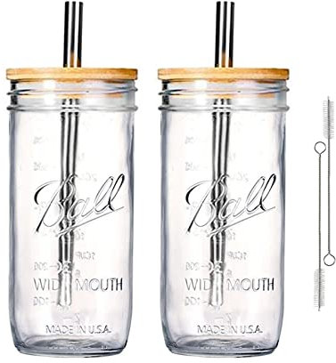 RESOYE Lot de 4 gobelets de voyage en verre avec couvercles en bambou et pailles argentées, réutilisables
