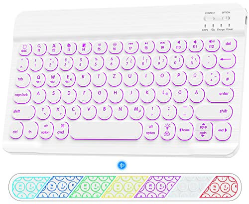 HUOBAO Bluetooth-Tastatur, kabellose Tastatur Ultraschlanke wiederaufladbare Mit Hintergrundbeleuchtung für iPad//Lenovo/iPhone/Android Tablet/Windows, rutschfest, Deutsches QWERTZ-Layout - Weiß