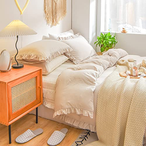 Herside Rüschen-Bettwäsche-Set für King-Size-Bett, Beige-Grau, Bettwäsche mit gerüschten Fransen, weiche Mikrofaser, Boho-Bettwäsche, 1 Bettbezug, 2 Kissenbezüge
