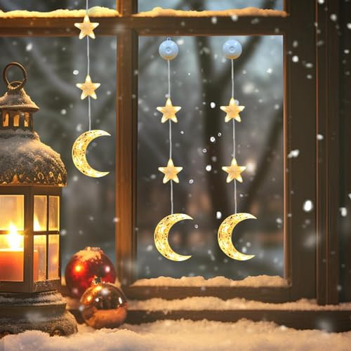 3 Stück Ramadan Deko Fenster Lichterkette Mit Saugnäpfe, LED Mond Dekoration Licht, Beleuchtung Ramazan Dekor, Warmweiß Innen Deko